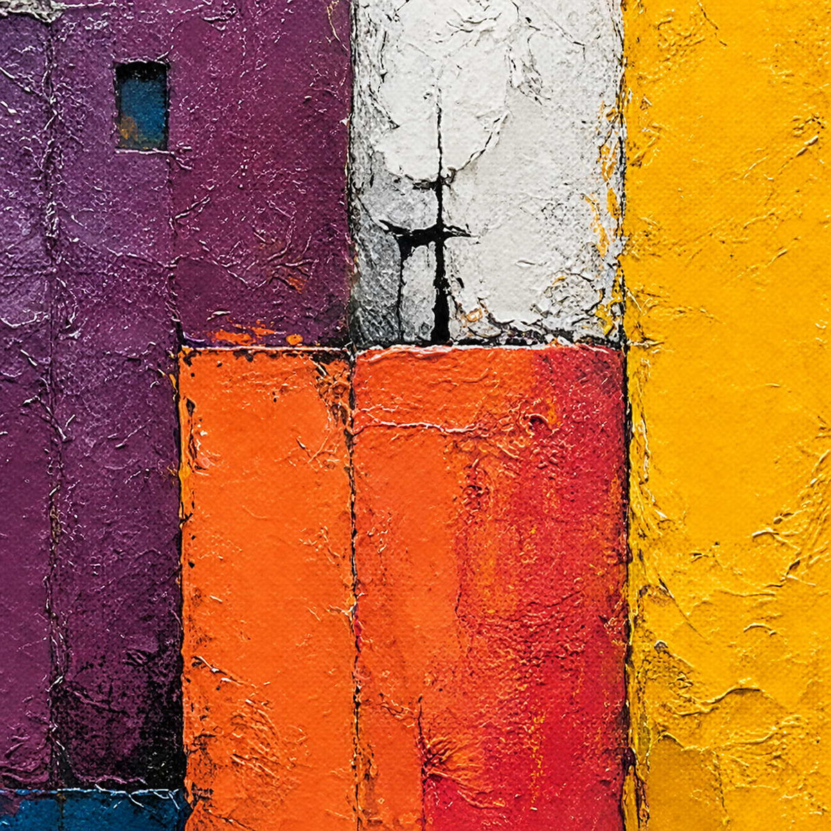 Close-up of thick magenta, orange, yellow, and white palette-knife texture.