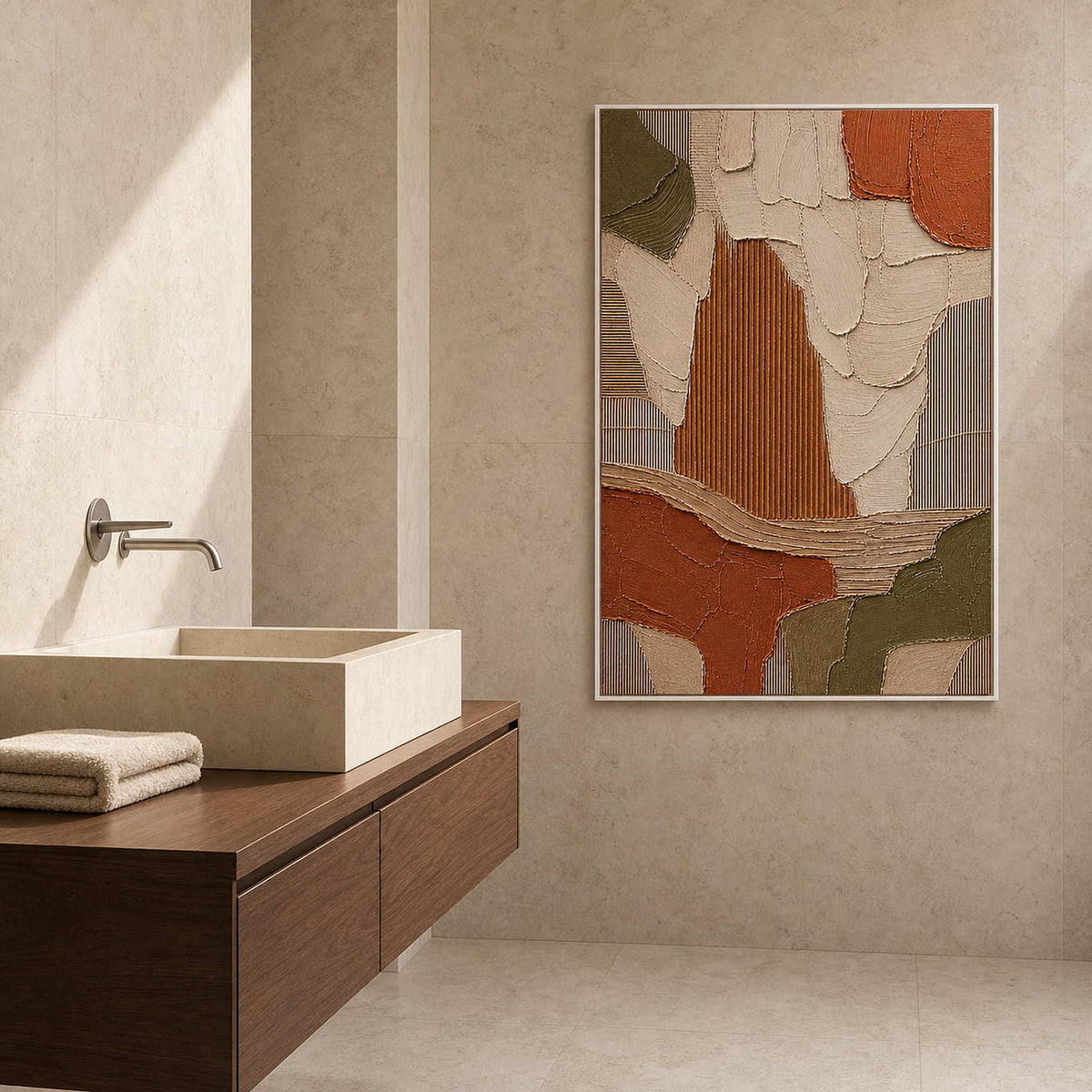 Textured Abstract Wall Art displayed in a refined bathroom.