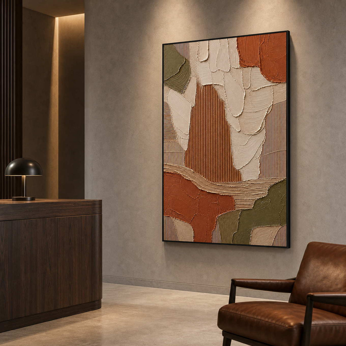 Textured Abstract Wall Art displayed in a refined hospitality lounge.