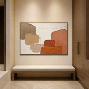 Terracotta textured wall art displayed in a serene modern bathroom.