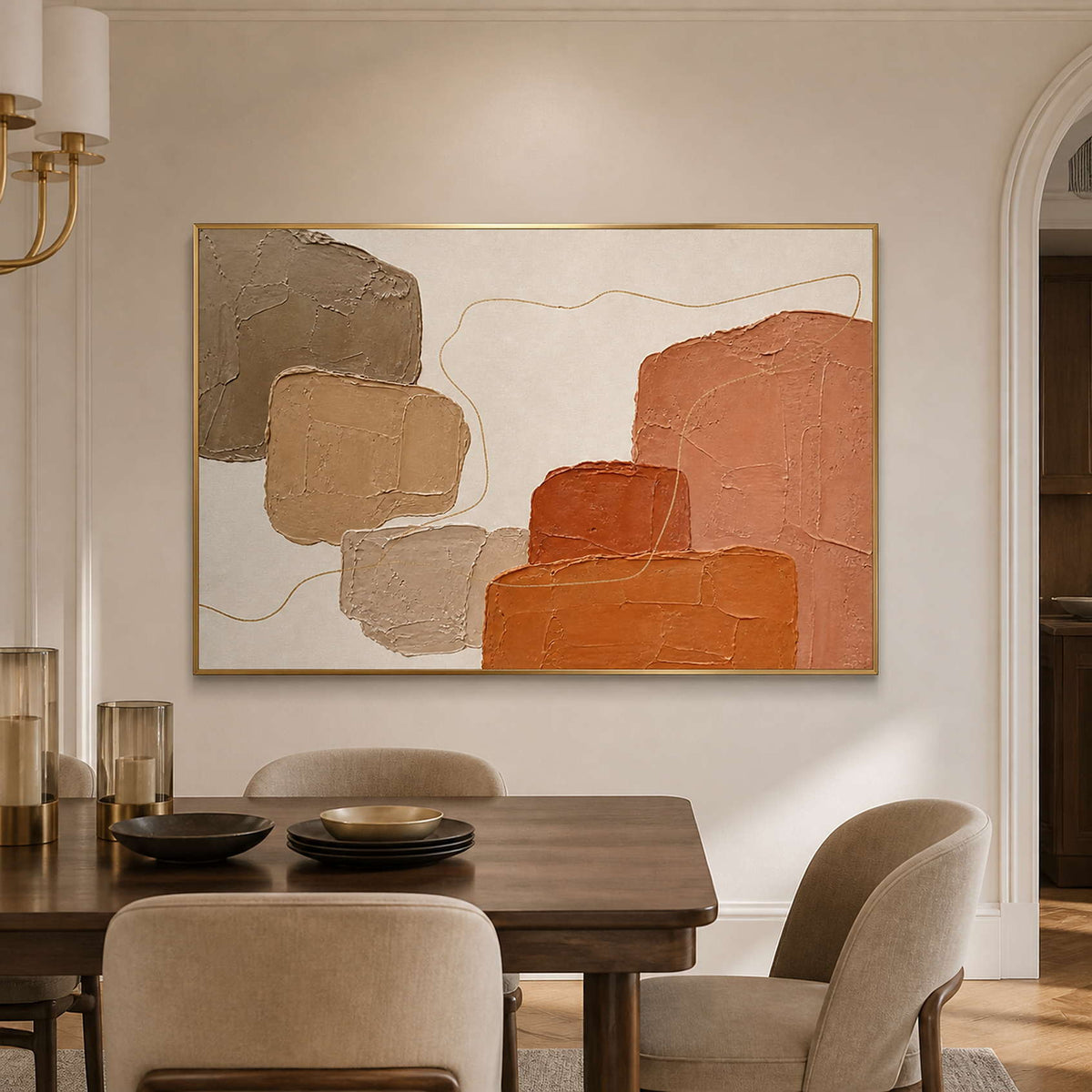 Warm earth tone abstract wall art displayed above a dining table.