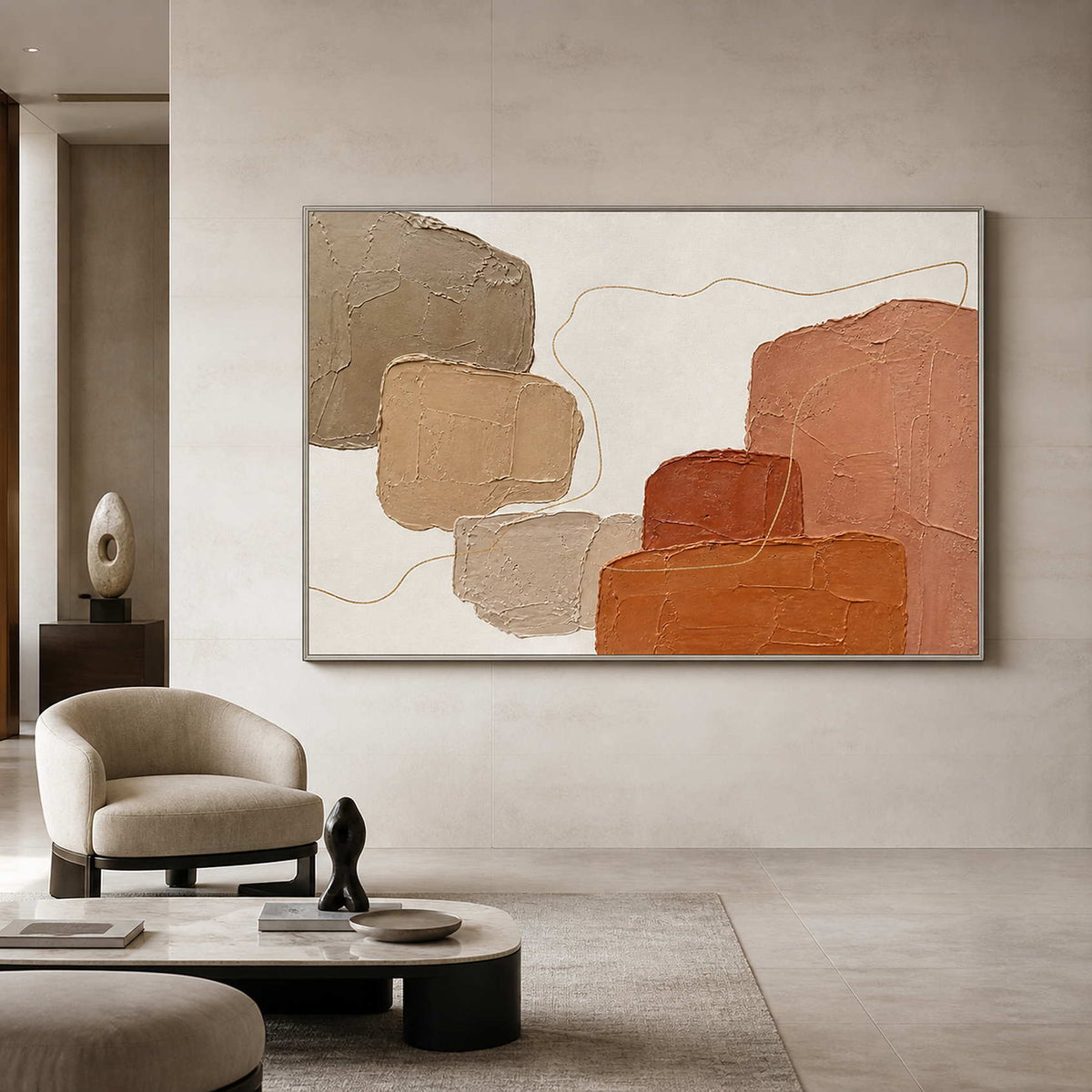 Textured terracotta wall art displayed in a refined hotel lobby.
