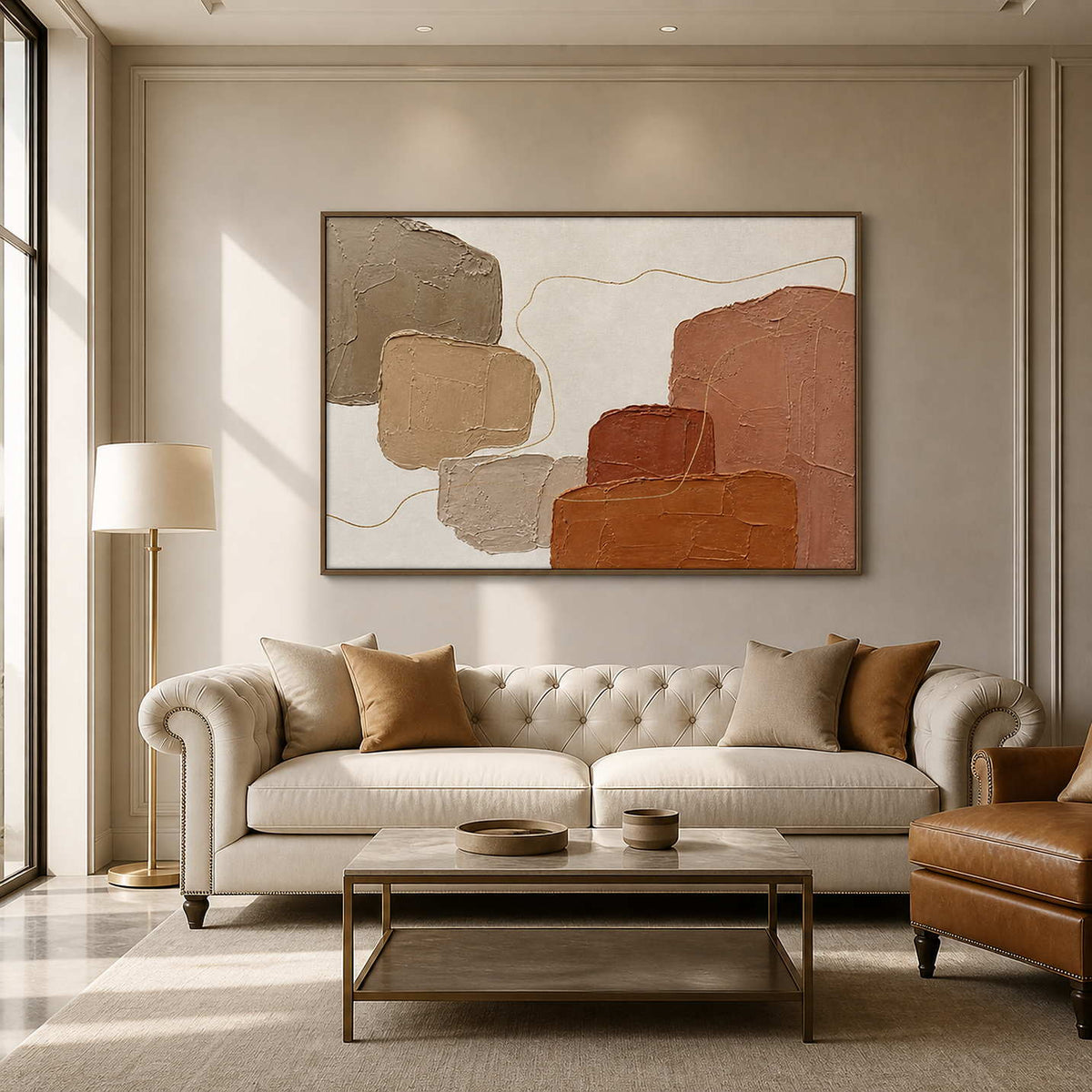 Terracotta textured abstract wall art in a sunlit modern living room.