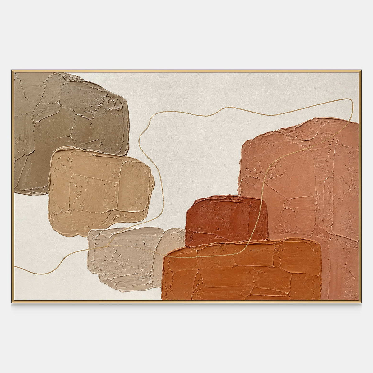 Horizontal abstract wall art with terracotta, taupe, sand, and gold forms.