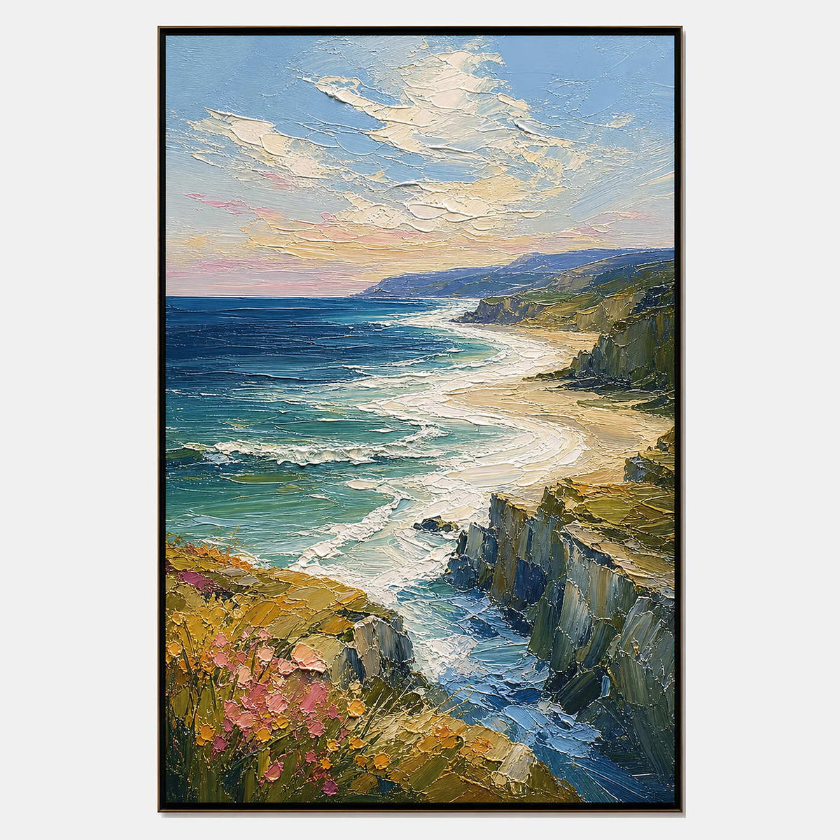 Hand-painted coastal landscape wall art with blue, green, and warm tones tones.