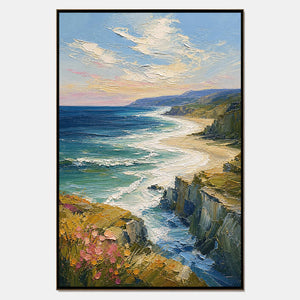 Hand-painted coastal landscape wall art with blue, green, and warm tones tones.