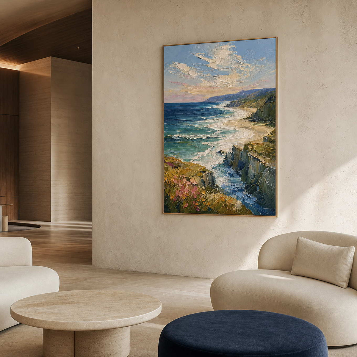 Coastal Landscape Wall Art displayed in a refined hospitality lounge.