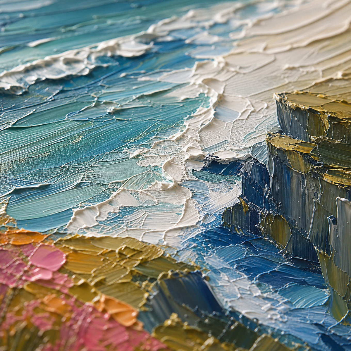 Close-up of raised hand-painted texture in blue, green, and warm tones.