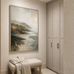 Textured Coastal Wall Art displayed in a refined bathroom.