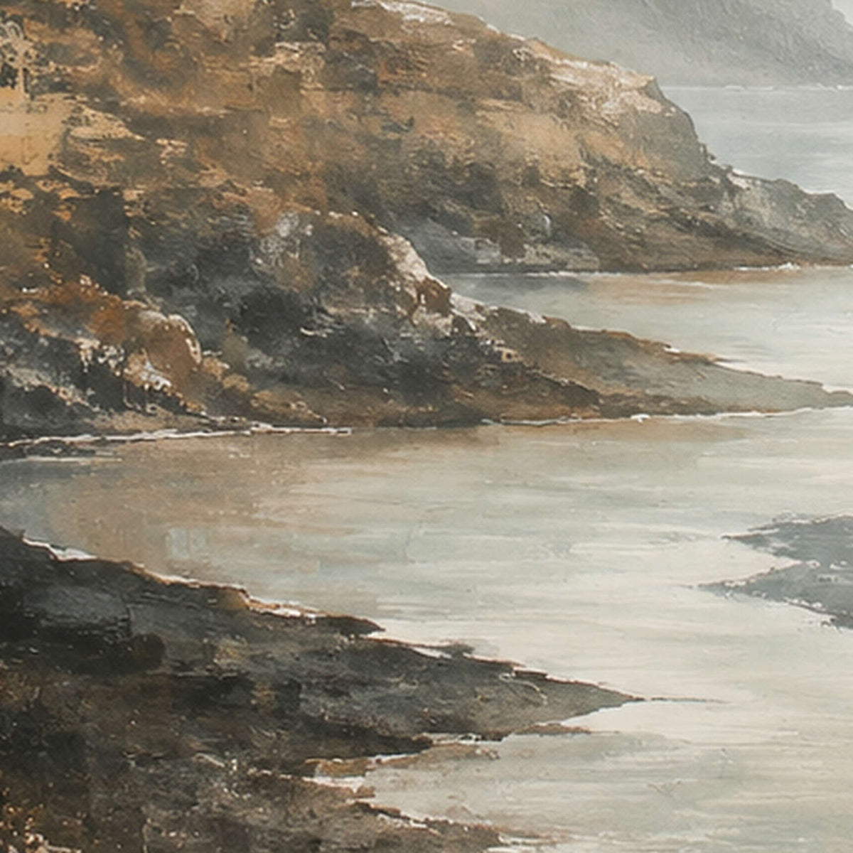 Close-up of raised hand-painted texture in earth tones, white, and neutral.