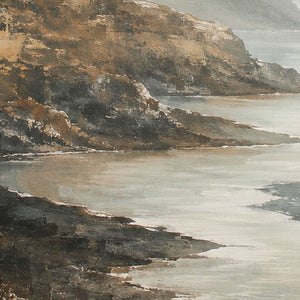 Close-up of raised hand-painted texture in earth tones, white, and neutral.