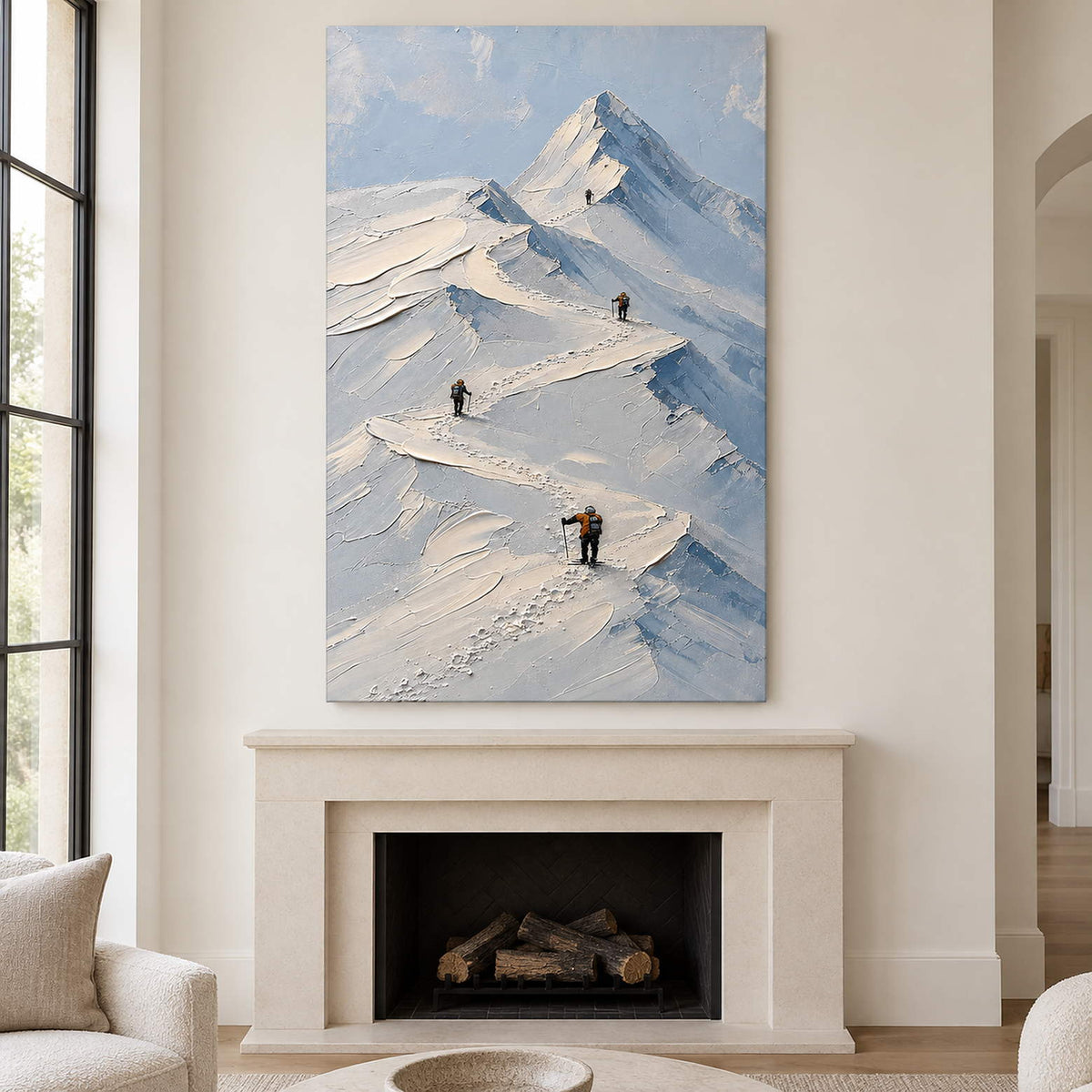 Small climbers following ridges across snowy mountains without an outer frame, displayed above a fireplace.