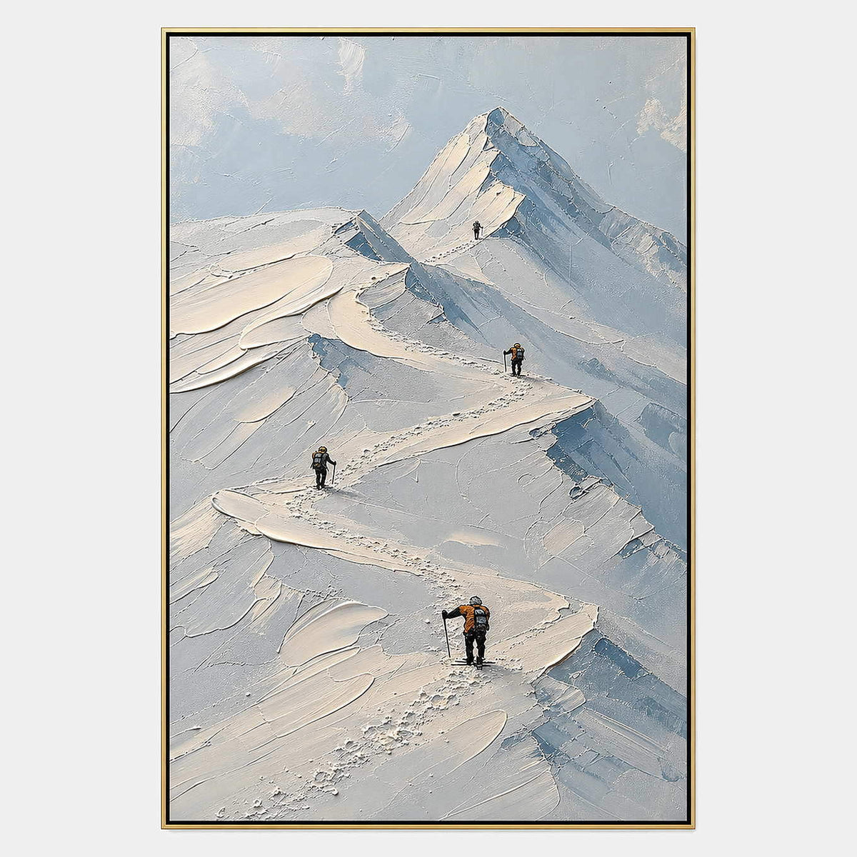 Climbers in Snow: small climbers following ridges across snowy mountains, shown in a full artwork view.