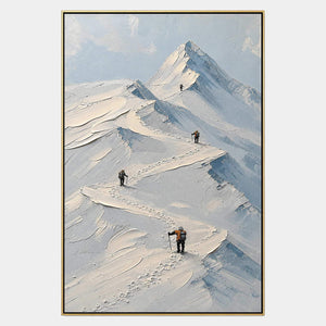 Climbers in Snow: small climbers following ridges across snowy mountains, shown in a full artwork view.