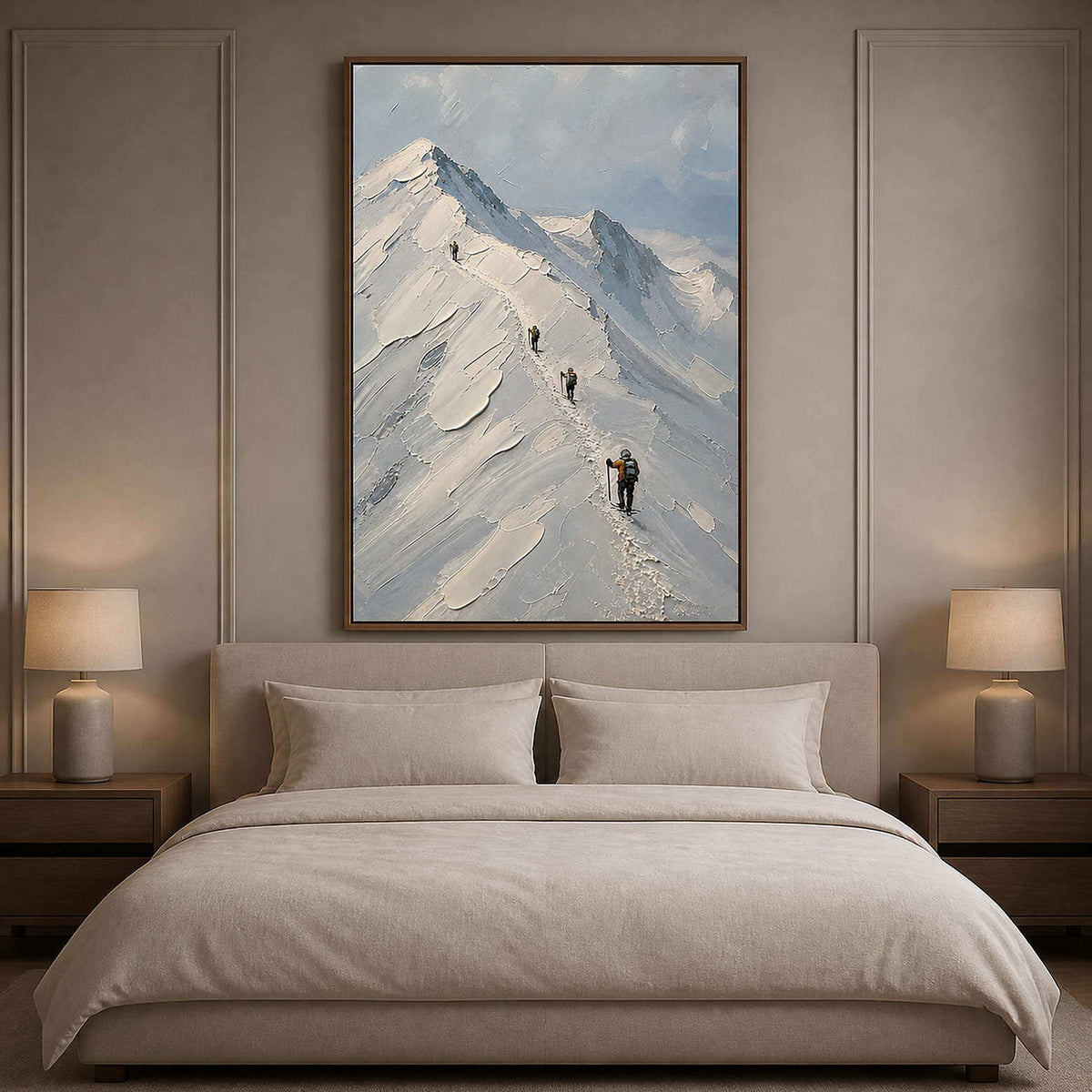 Serene snowy ridge canvas styled above a neutral bedroom.