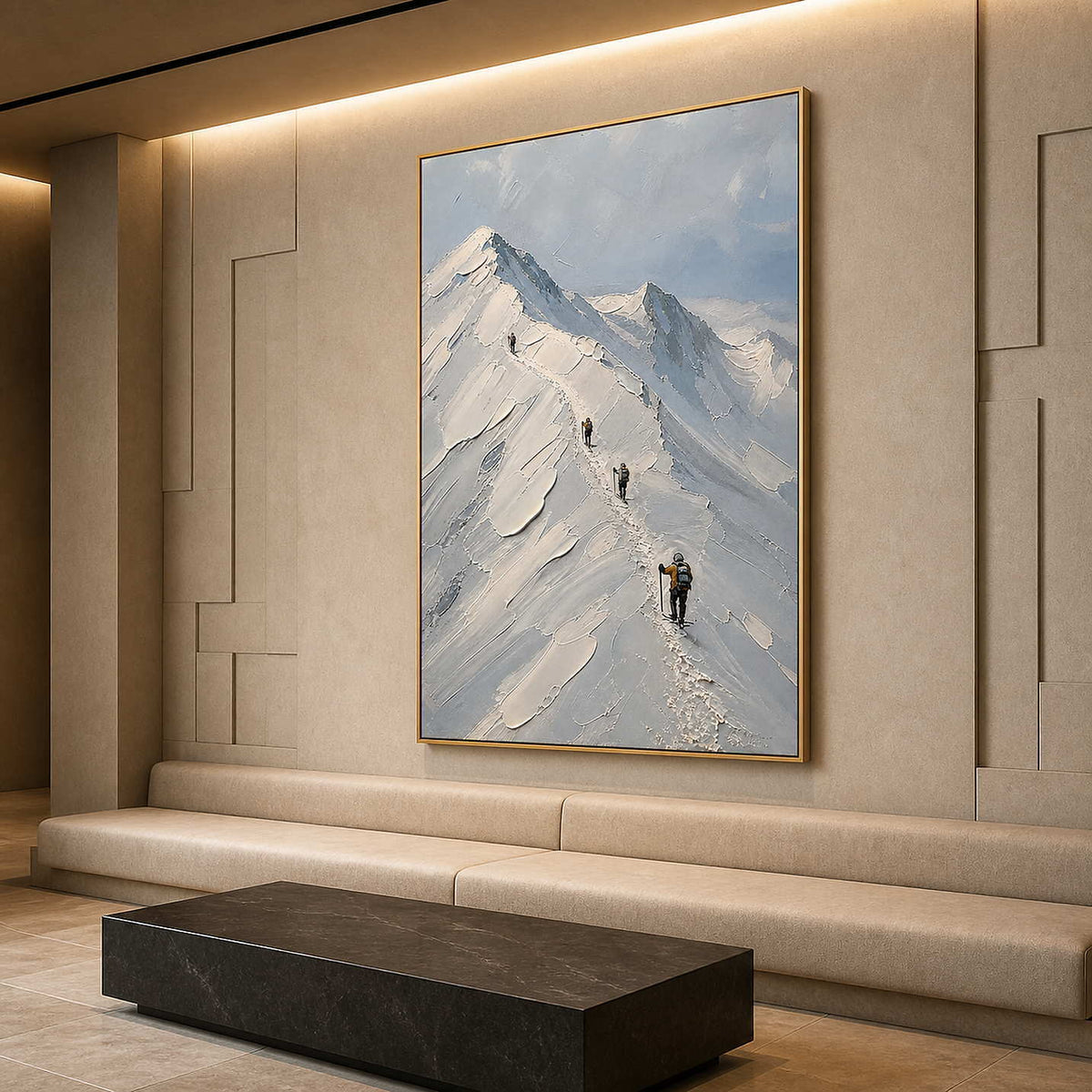 Vertical mountain canvas in a softly lit boutique hotel lounge.