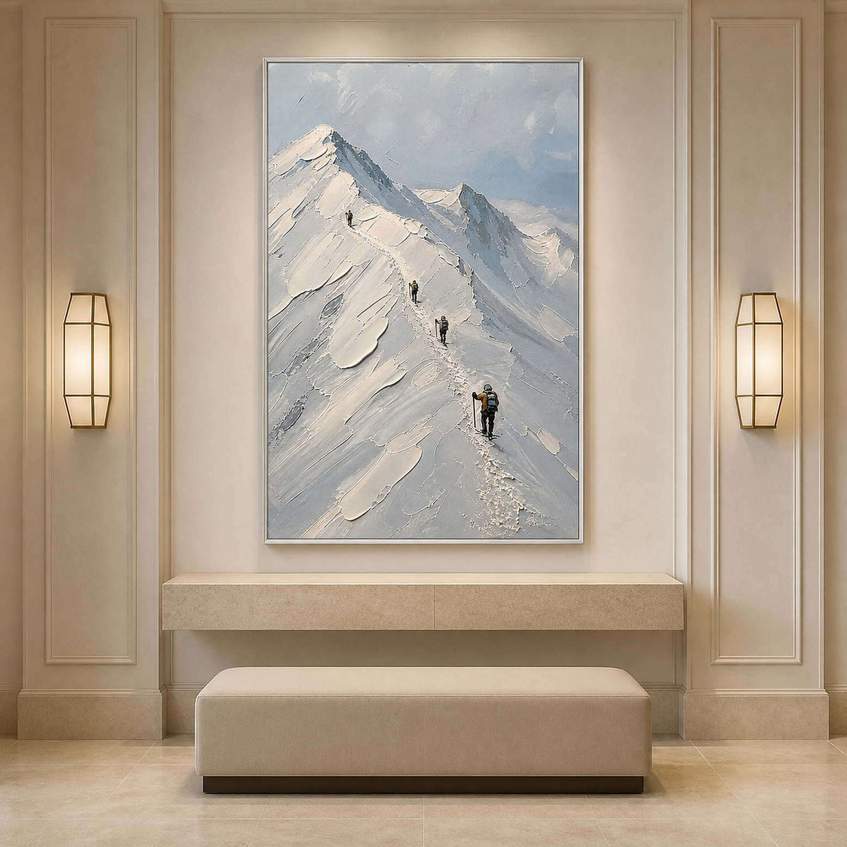 Textured snowy mountain painting in an elegant hotel hallway.