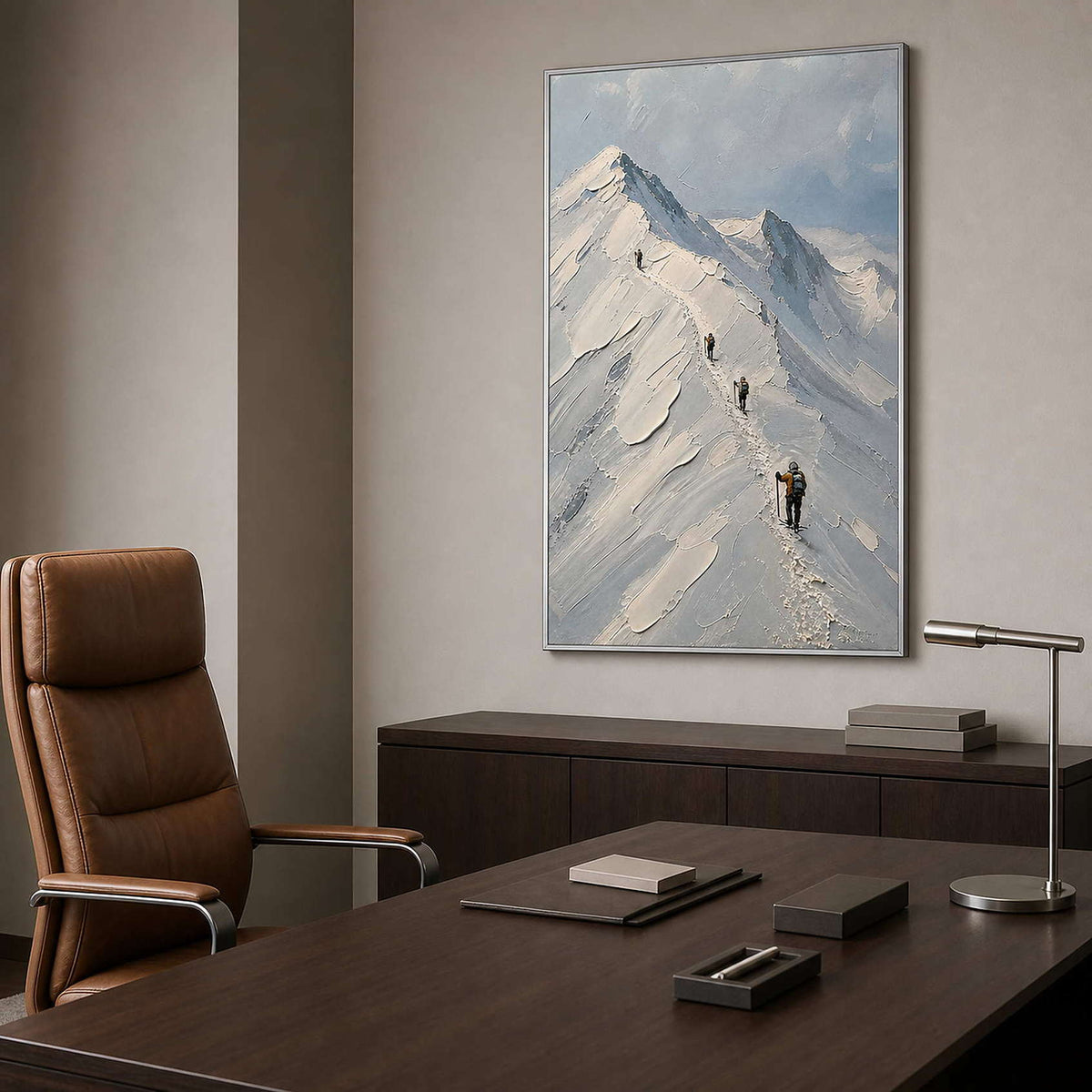 Alpine climber artwork bringing open-air calm to an office.