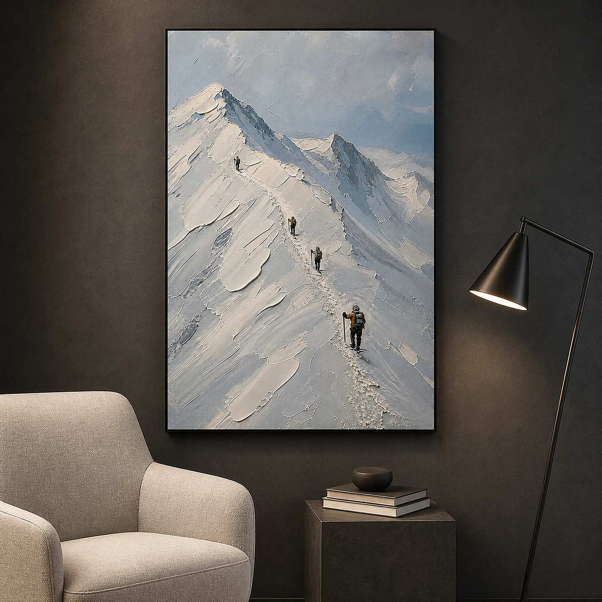 Quiet alpine wall art beside a modern reading chair.
