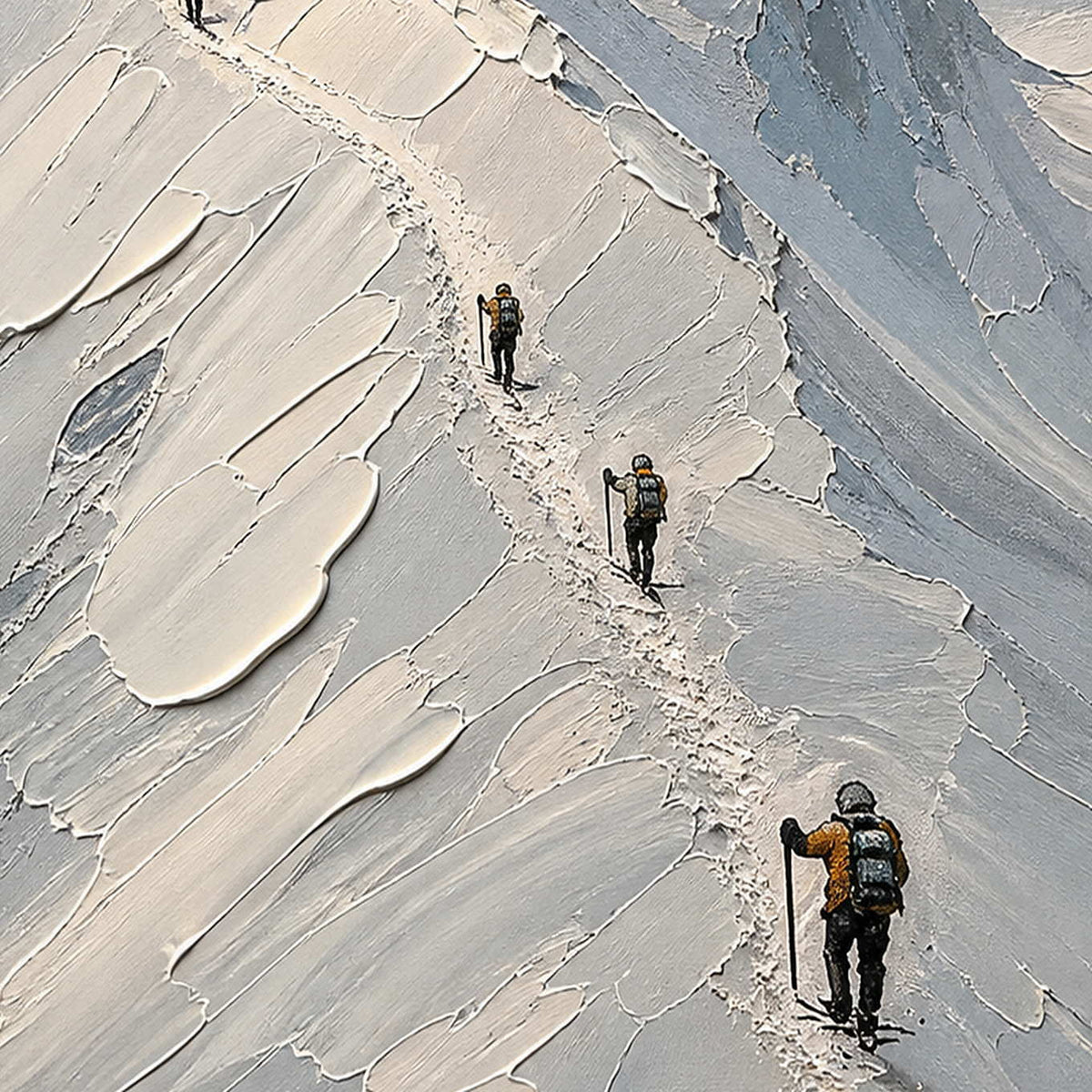 Close-up of climbers crossing thick white and blue-gray snow texture.