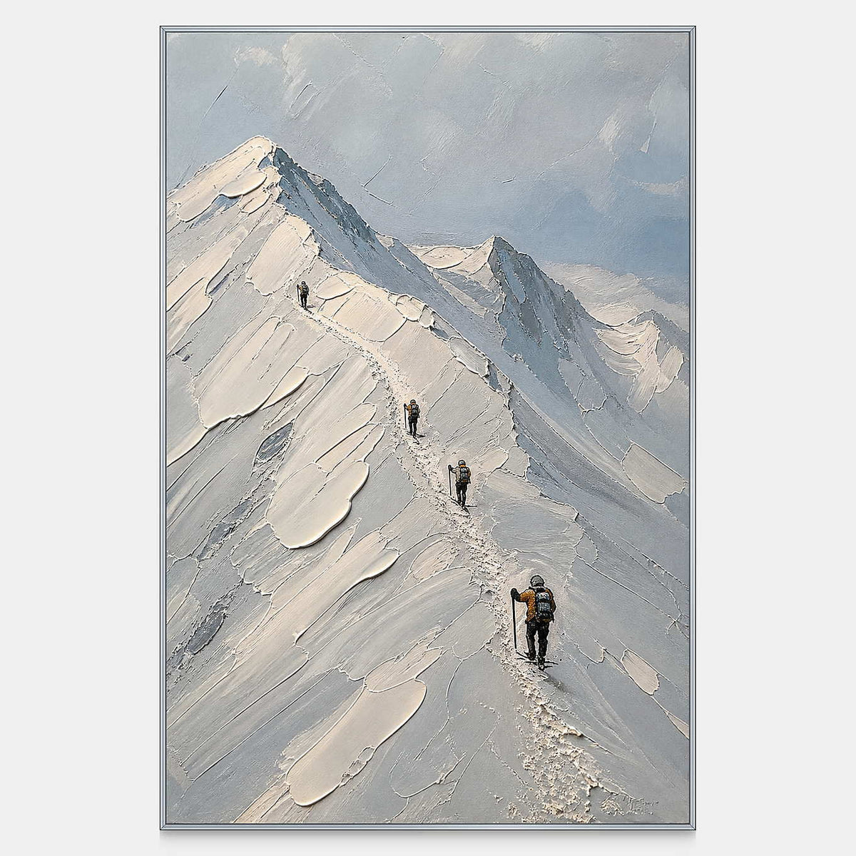 Hand-painted alpine canvas with three climbers and blue-gray snow peaks.