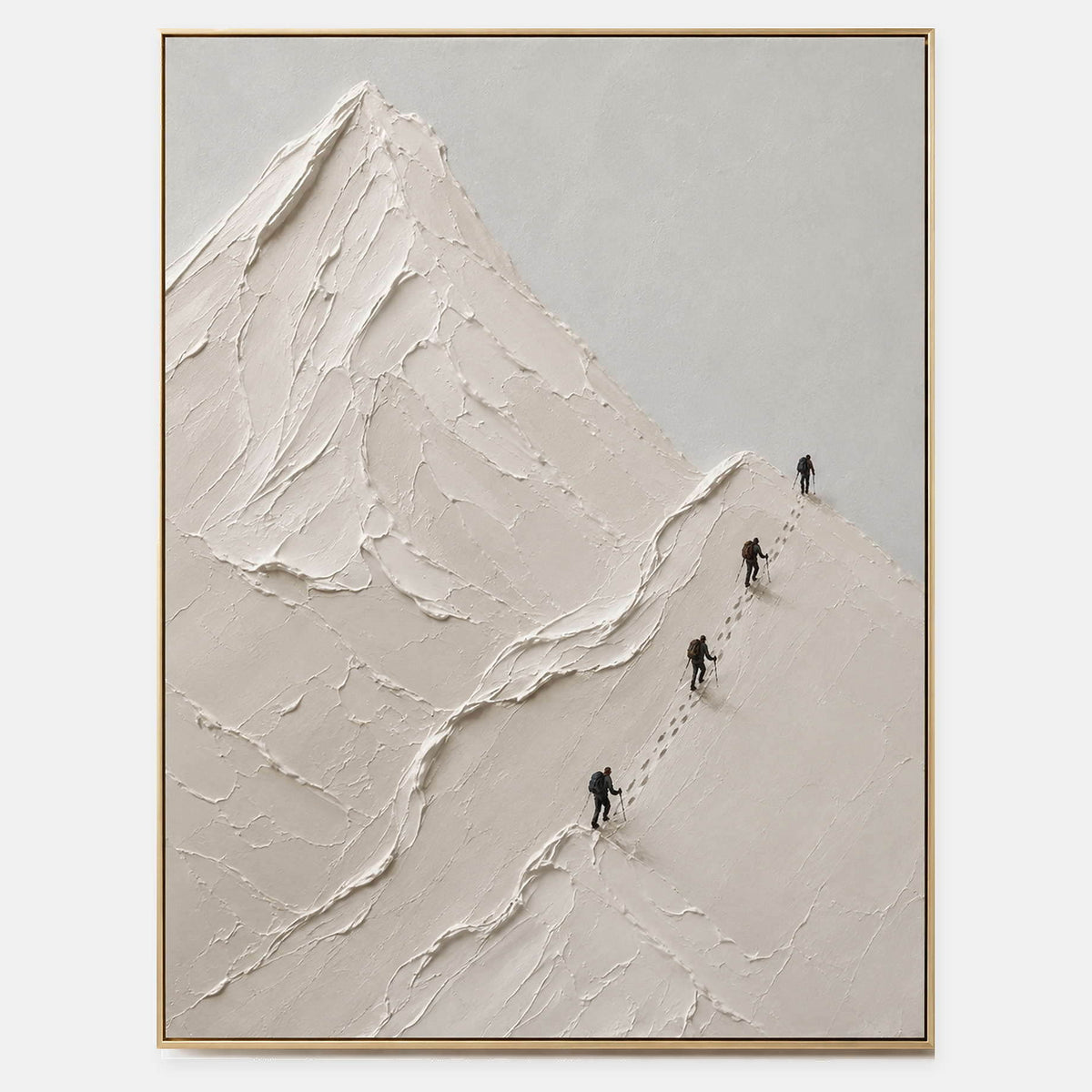 Four climbers ascending sculpted white mountain ridges in a vertical composition.
