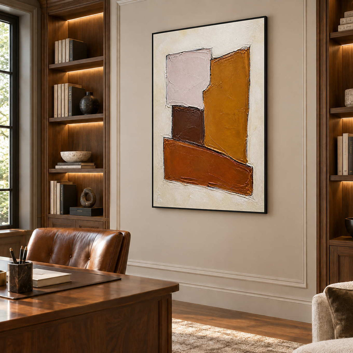 Close at Heart in a black frame beside a wood desk and brown leather chair in a home office.