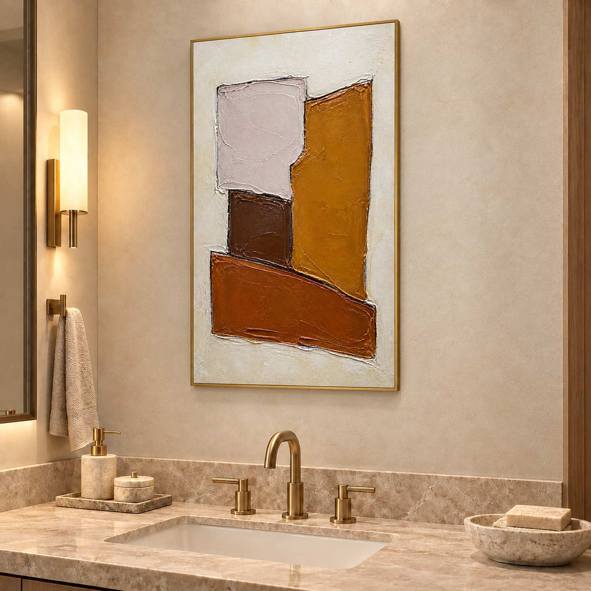 Close at Heart in a gold frame above a neutral stone bathroom vanity with warm metal fixtures.