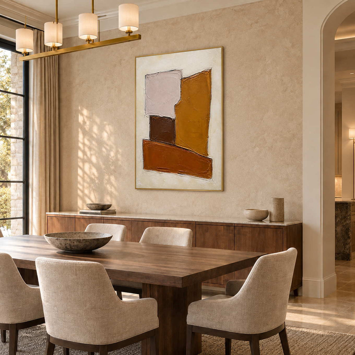 Close at Heart in a gold frame beside a walnut dining table and upholstered chairs.