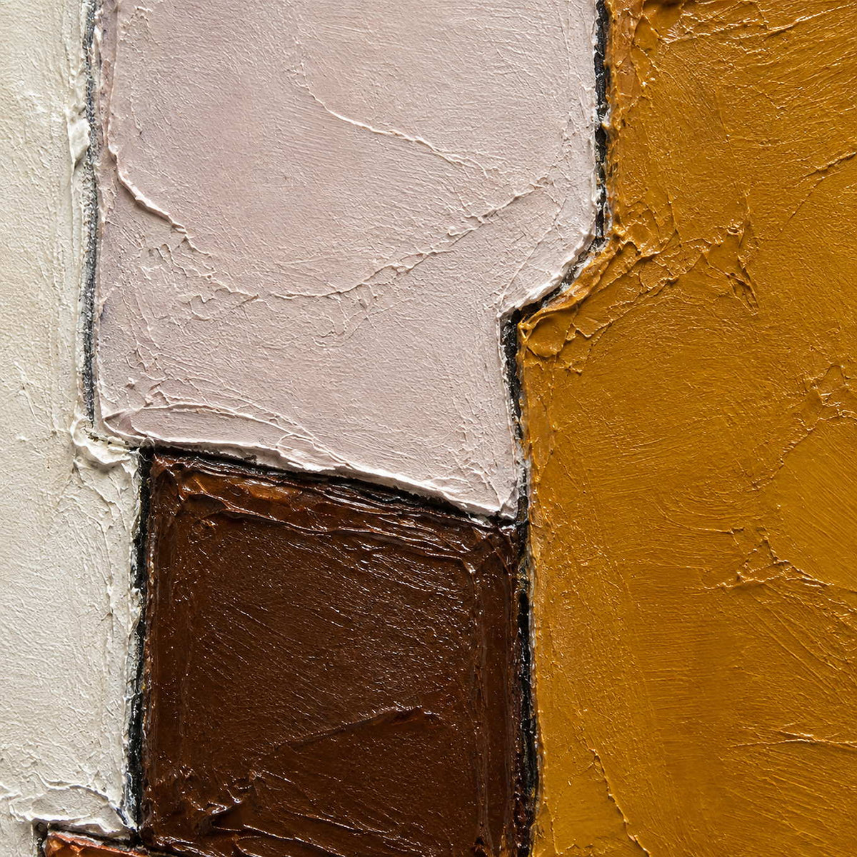 Close-up of Close at Heart showing raised edges and paint texture where blush, ochre and deep brown shapes meet.
