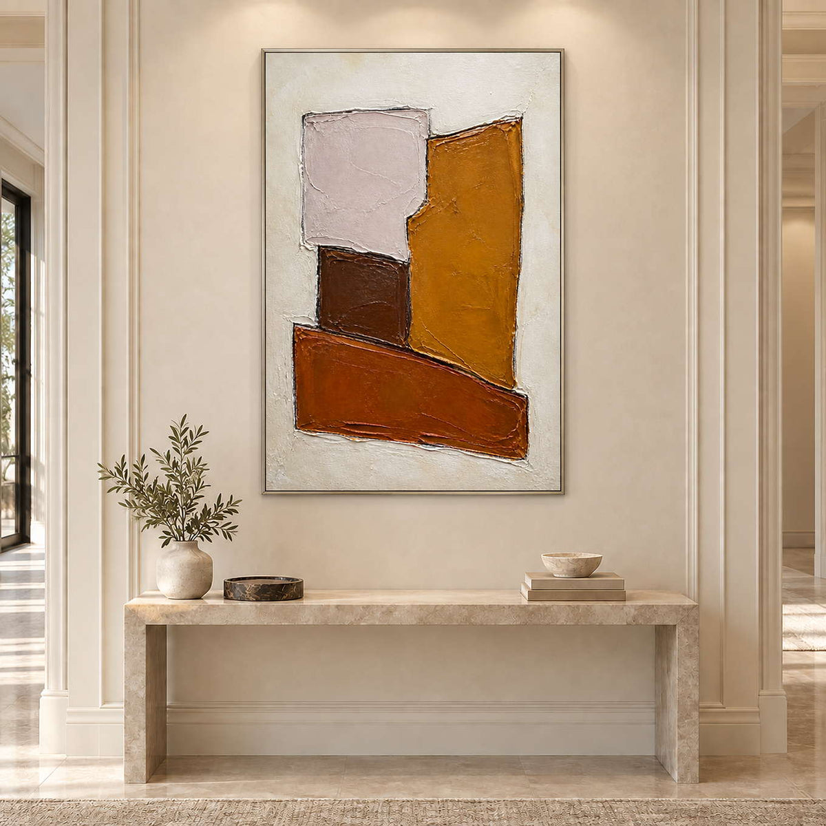 Close at Heart in a silver frame above a light stone console in a paneled hallway.
