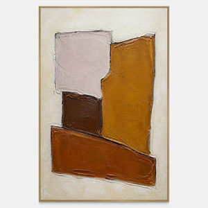Front view of Close at Heart, a vertical abstract painting of irregular blush, ochre and brown blocks on a cream ground.