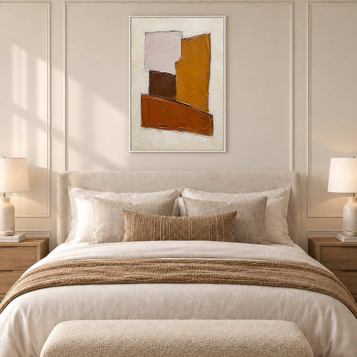 Close at Heart in a white frame above a cream headboard and neutral bed linen.
