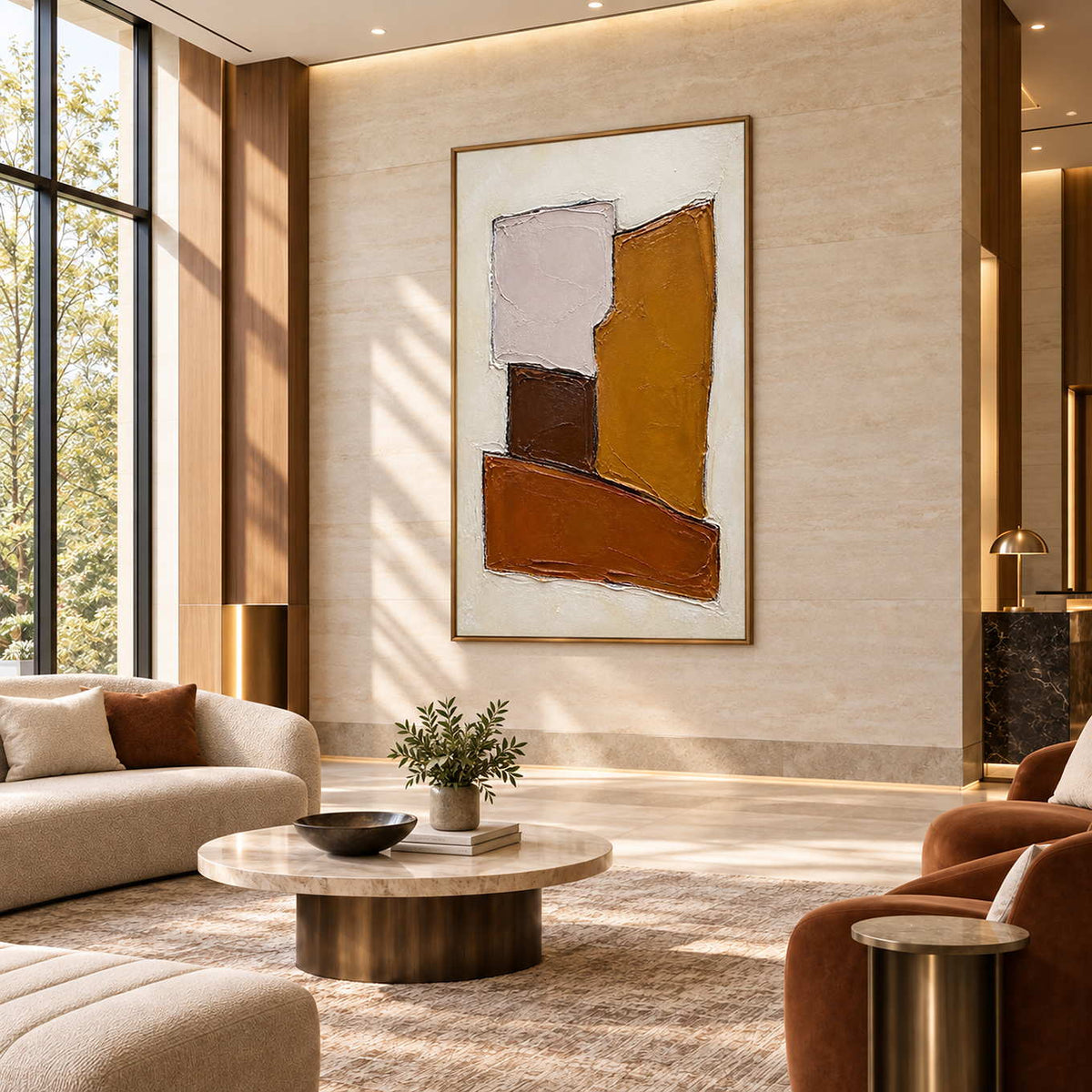 Close at Heart in a brown wood frame above a stone console in a sunlit hotel lounge.
