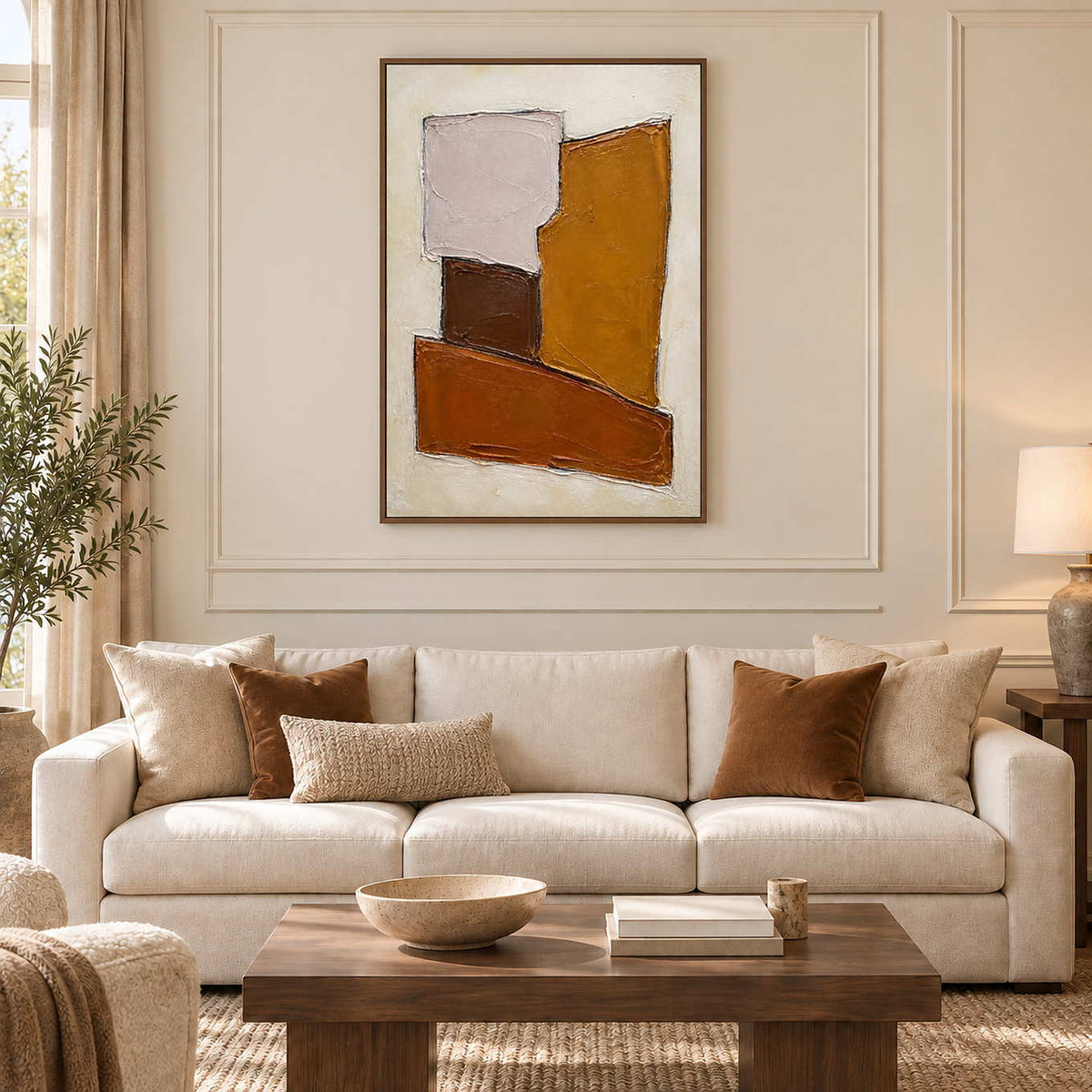 Close at Heart in a brown wood frame above a cream sofa, with ochre and brown geometric forms echoing warm room accents.