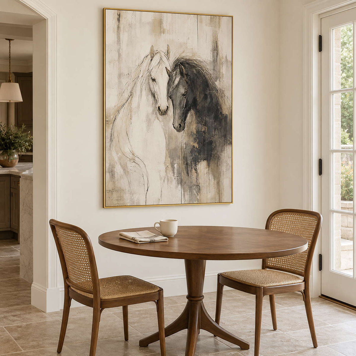 A white horse and a dark horse leaning close on an ivory ground in a gold frame, displayed above a dining table.