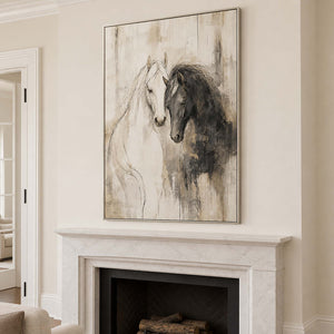 A white horse and a dark horse leaning close on an ivory ground in a silver frame, displayed above a fireplace.