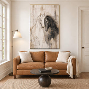 A white horse and a dark horse leaning close on an ivory ground in a gold frame, displayed above a sofa in a living room.