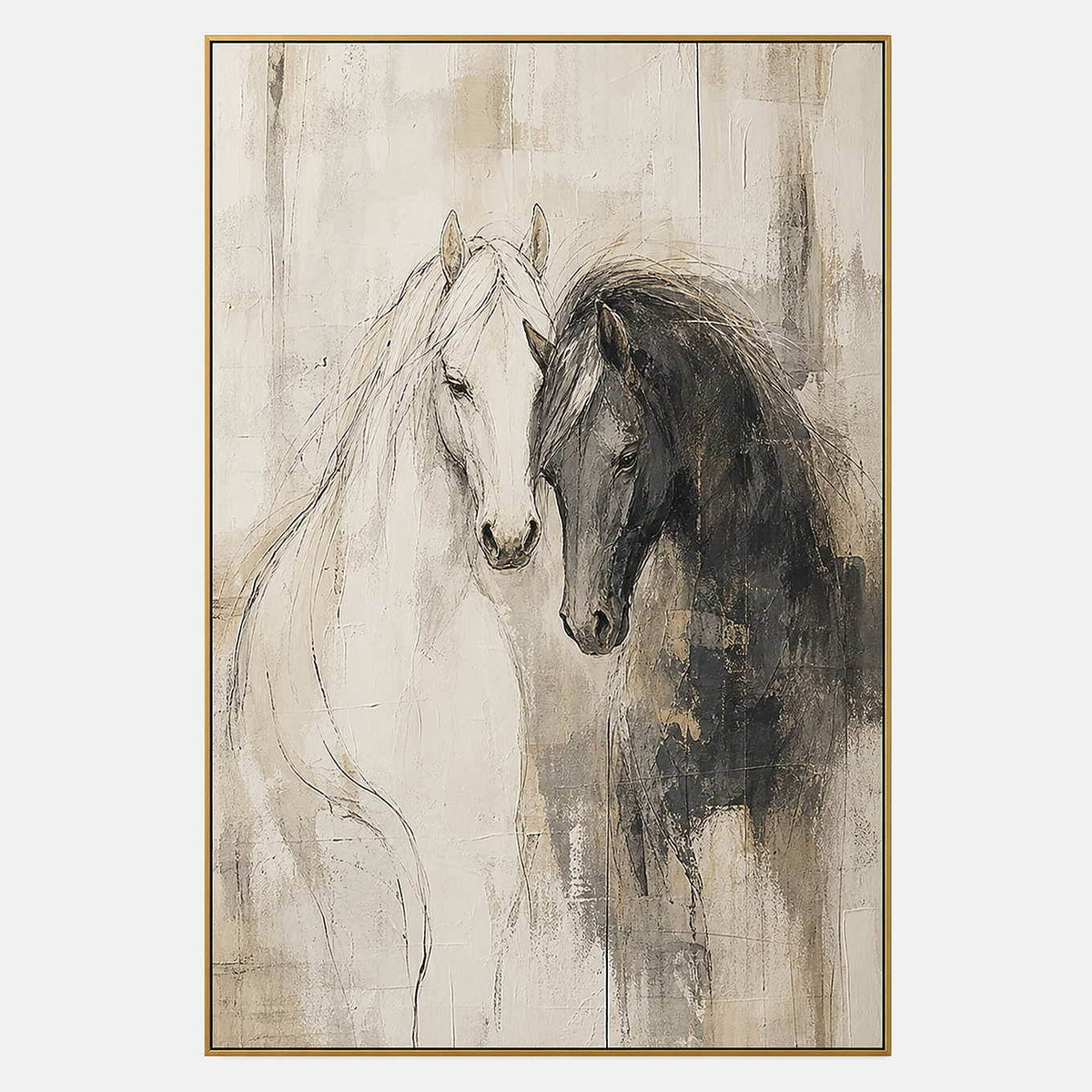 Close beneath the Open Sky: a white horse and a dark horse leaning close on an ivory ground, shown in a full artwork view.