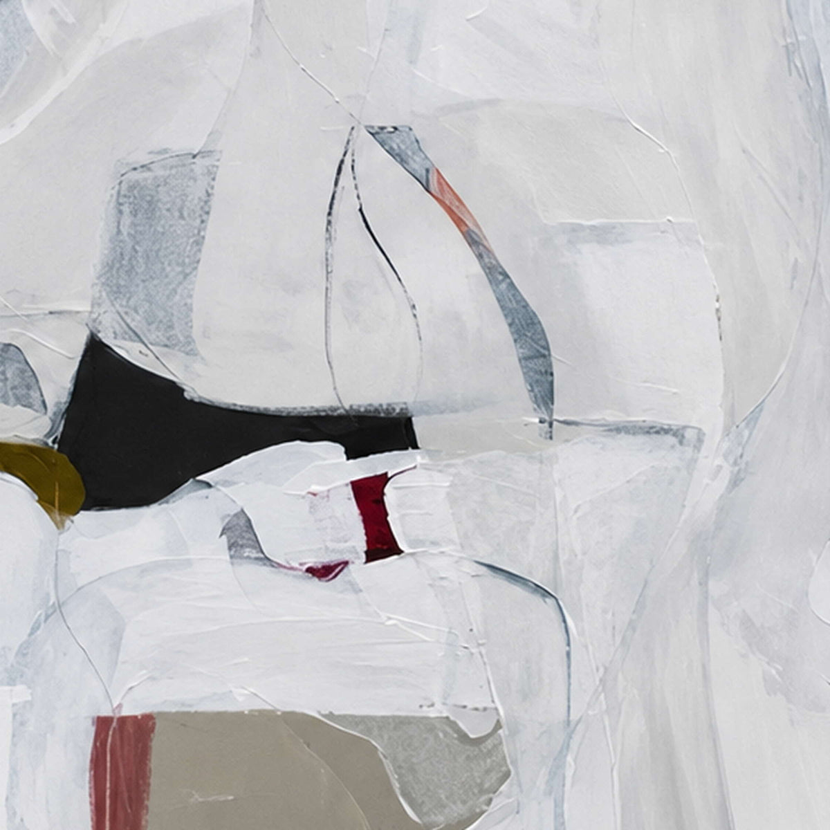 Close view of layered white paint, fine curved lines, and small red accents.