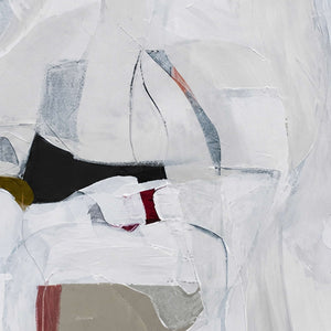Close view of layered white paint, fine curved lines, and small red accents.