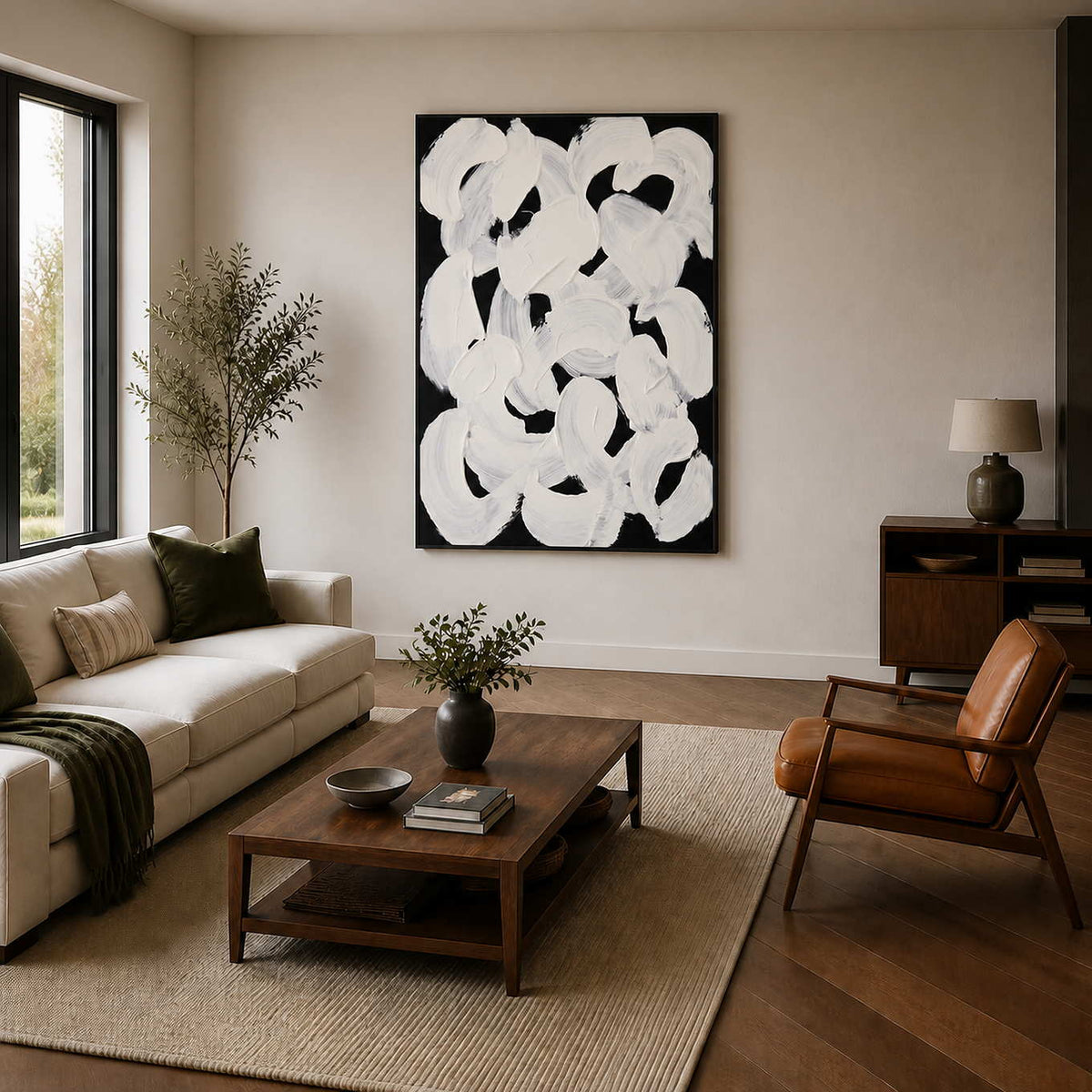 White sweeping brushstrokes in a black frame beside a cream living room sofa.