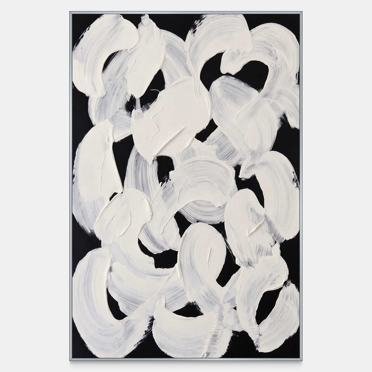 Broad white loops and gray brush traces overlap on a black abstract canvas.