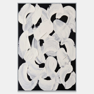 Broad white loops and gray brush traces overlap on a black abstract canvas.
