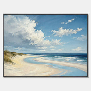 Hand-painted coastal landscape wall art with blue, white, and neutral tones.