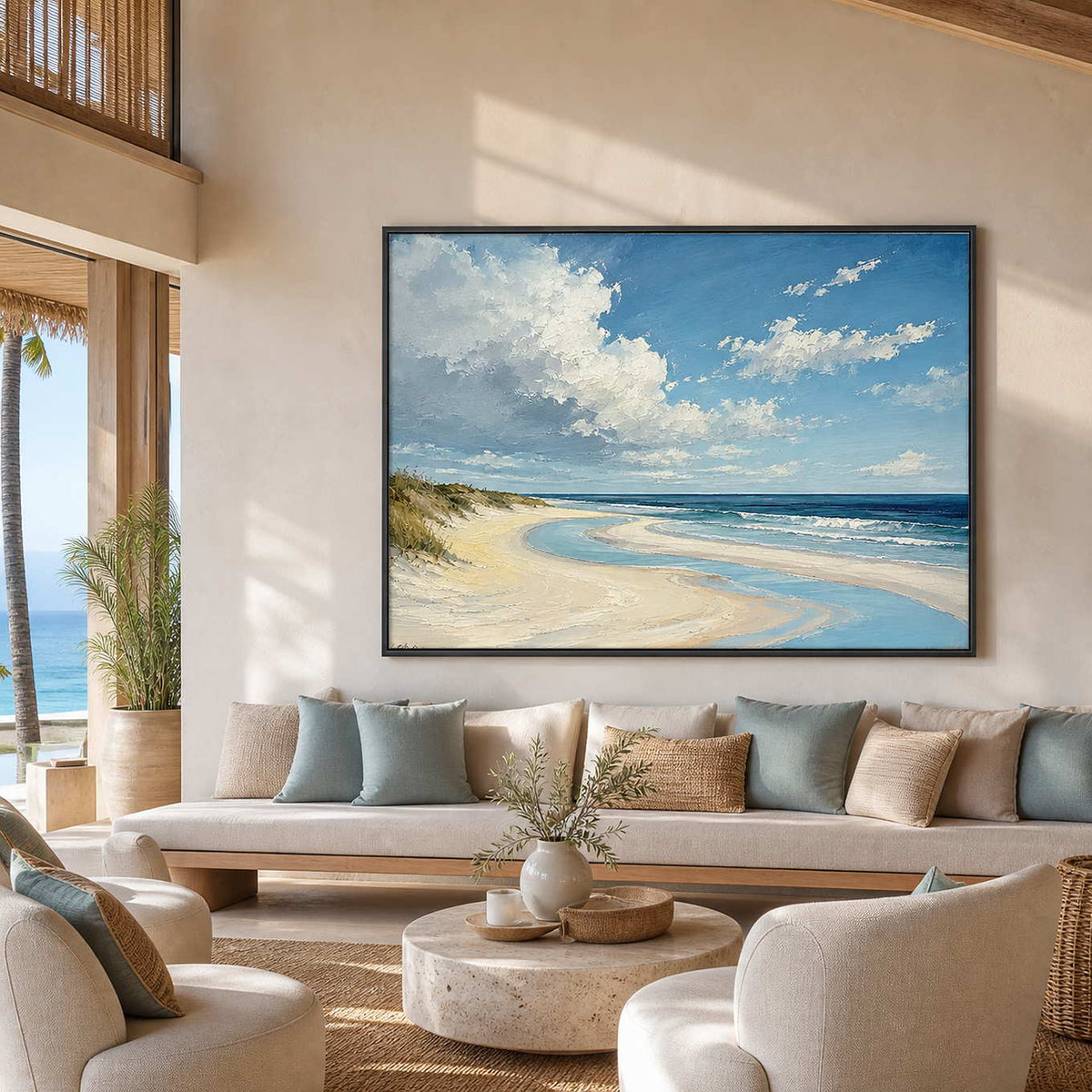Coastal Landscape Wall Art displayed in a refined hospitality lounge.