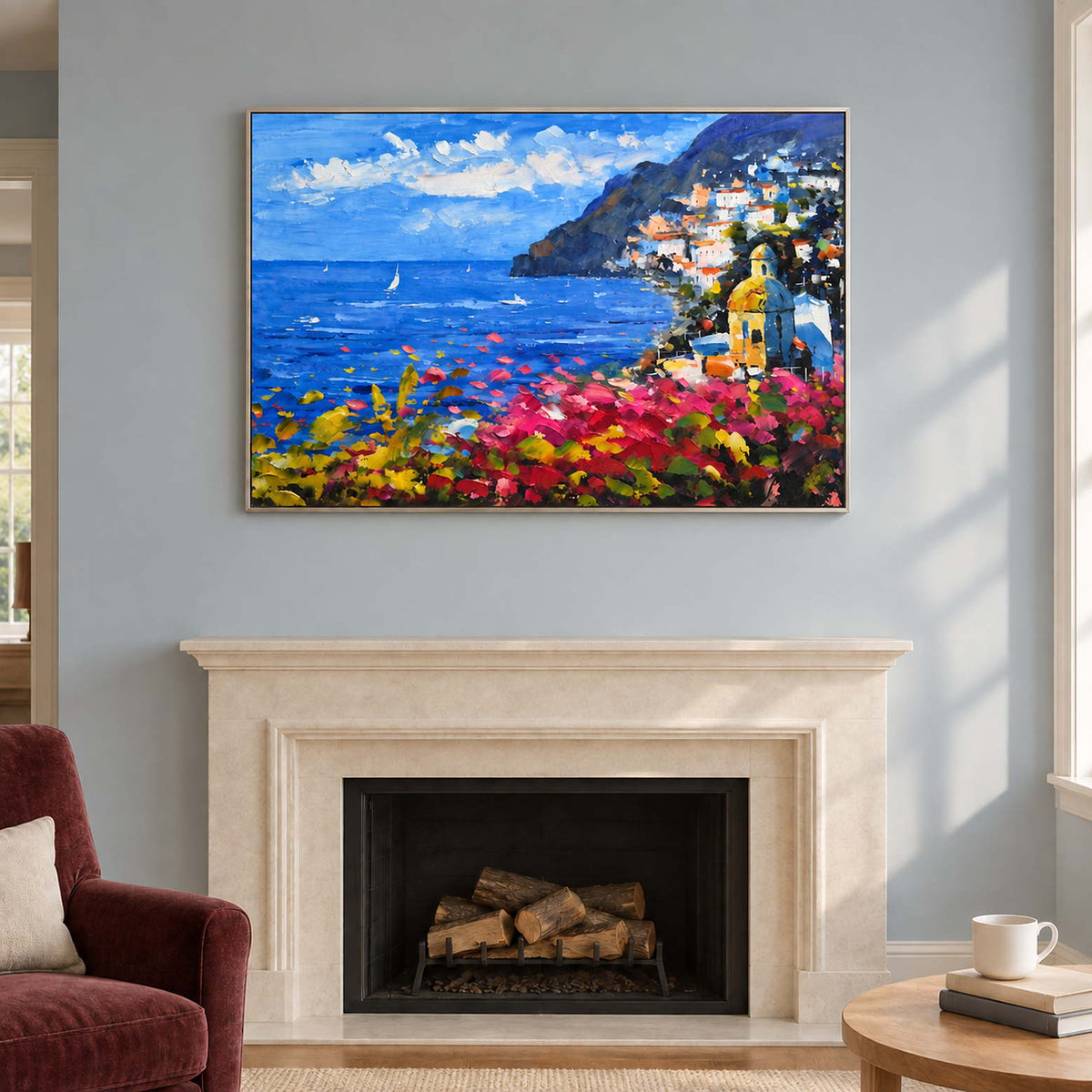 Blue seafront landscape above a white fireplace on a blue wall.