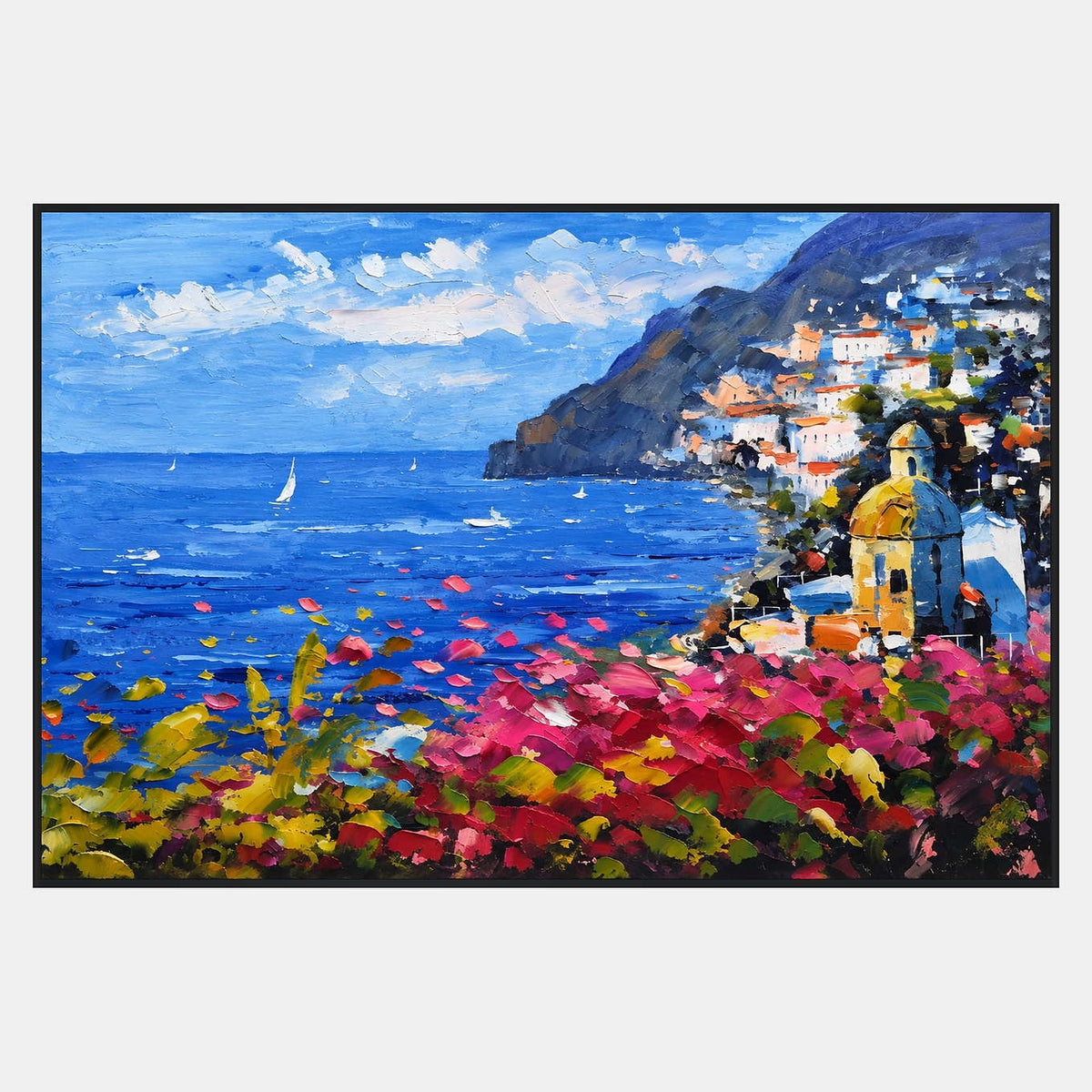 Blue bay with white sails, hillside houses and a yellow dome on the right, and pink flowers across the foreground.