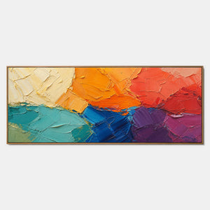 Hand-painted textured abstract wall art with multicolor, warm tones, and blue tones.