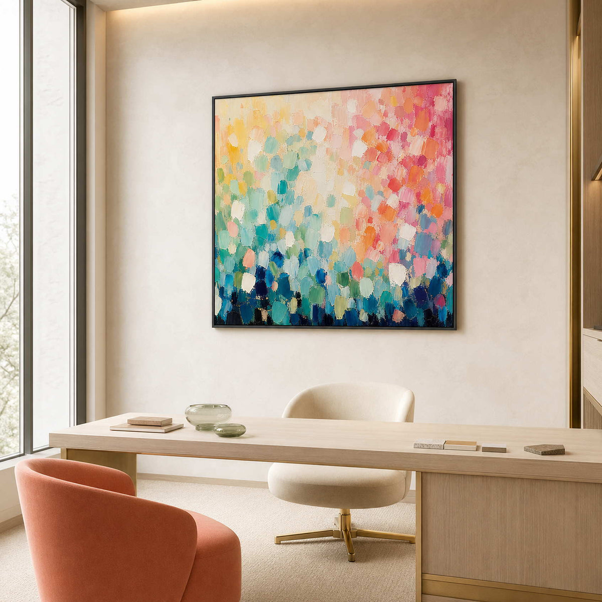 Bright abstract canvas styled in a beauty brand founder office.